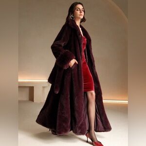 Luxury Burgundy Red Faux Fur Belted Long Coat Fur Evening Winter Statement Coat